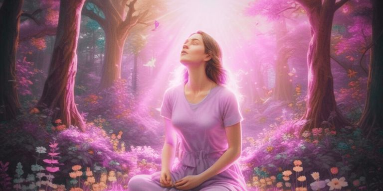 Eine Frau in einem lila Kleid sitzt meditierend in einem Wald voller Blumen, umgeben von einem leuchtenden rosa Licht und Schmetterlingen.